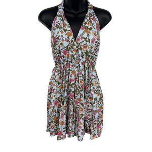 Magii Romper Women Size Medium Blue Pink Floral Halter Pockets Rayon Stretch New